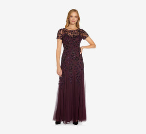 Adrianna Papell Beaded Godet Gown Night Plum